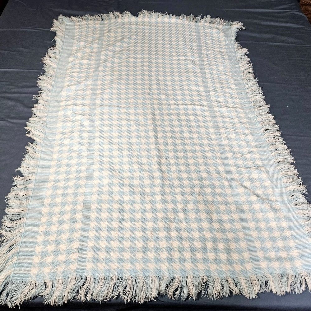 Vintage Knit Blanket Throw Baby Infant Blue White Boy Houndstooth Squares 48"